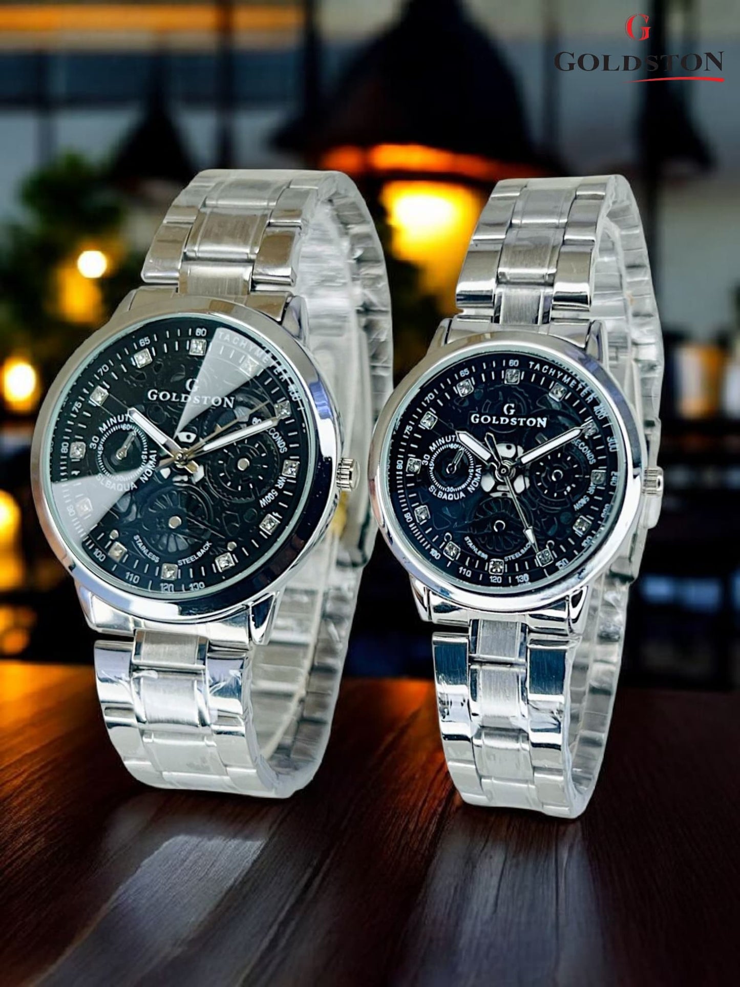 GOLDSTON Pair Set | Brass Case | Steel Chain|{SILVER STRAP}|{WHITE DIAL}