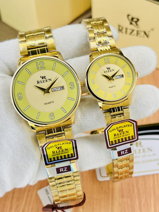 Rizen RZ-677 Couple Watch | Date/Day|{LIGHT GREEN DIAL}|{GOLD STRAP}