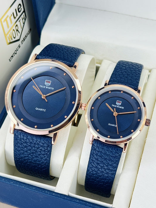 True worth Couple Watch Set | Leather Strap | Premium Finish | {BLUE}