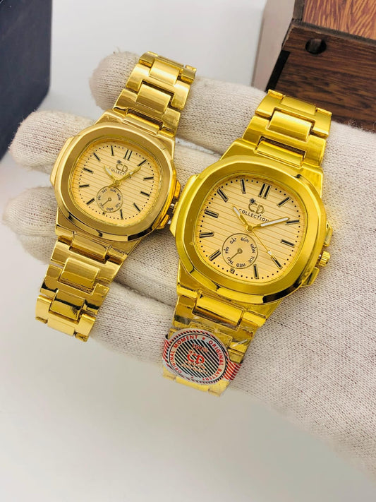 CD Couple Watch Set | Brass Strap | Push Lock| {GOLD STRAP} |{GOLD DIAL}