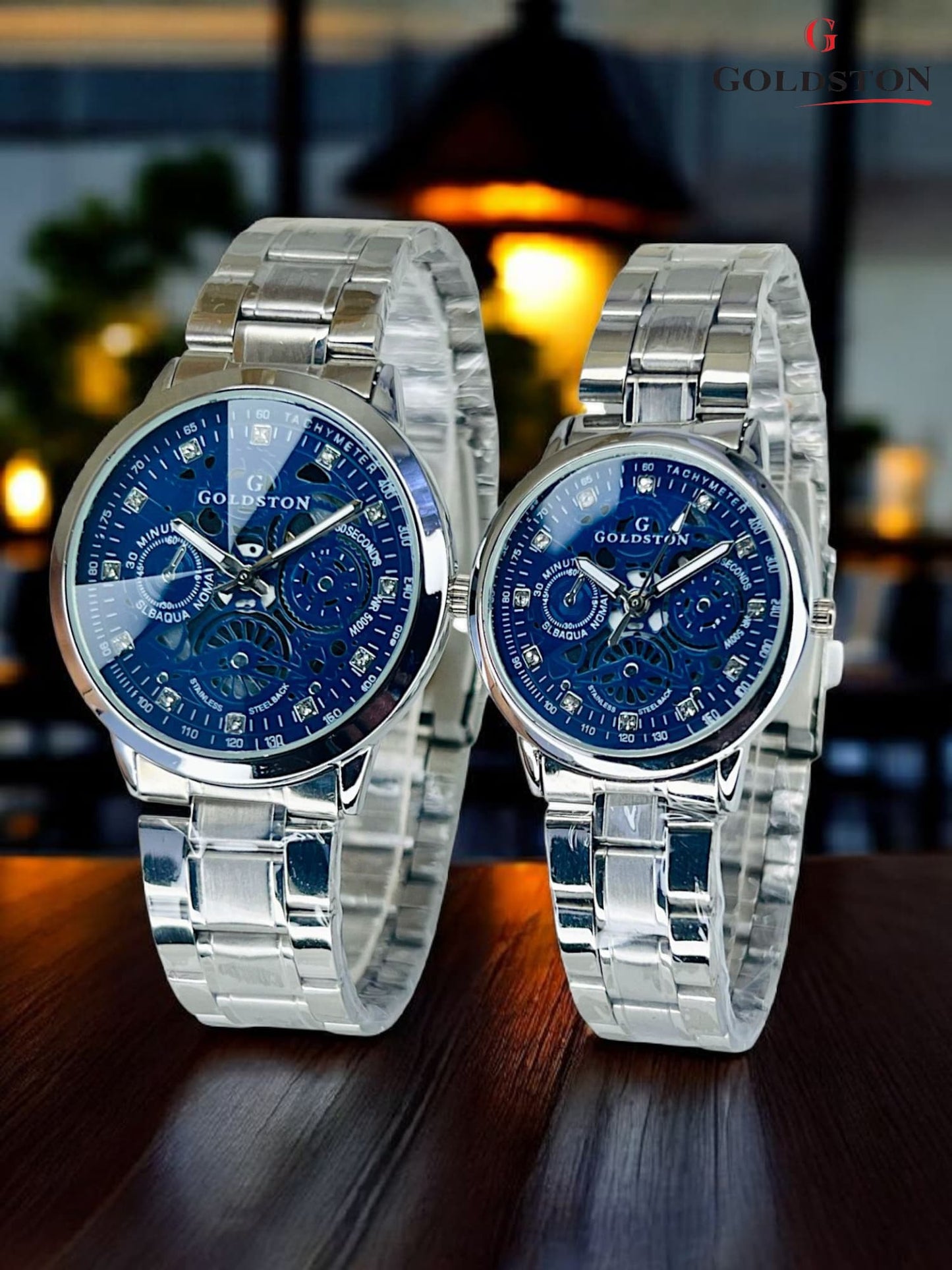 GOLDSTON Pair Set | Brass Case | Steel Chain|{SILVER STRAP}|{BLUE DIAL}