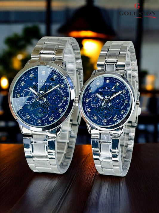 GOLDSTON Pair Set | Brass Case | Steel Chain|{SILVER STRAP}|{BLUE DIAL}