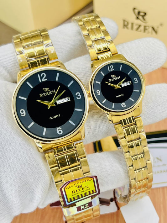 Rizen RZ-677 Couple Watch | Date/Day|{BLACK DIAL}|{GOLD STRAP}
