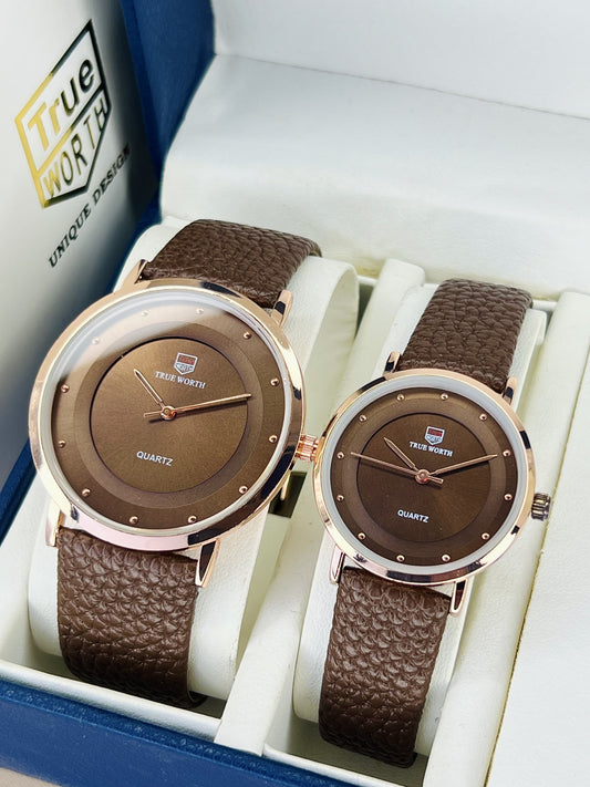 True worth Couple Watch Set | Leather Strap | Premium Finish | {BROWN}
