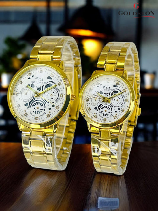 GOLDSTON Pair Set | Brass Case | Steel Chain|{GOLD STRAP}|{WHITE DIAL}