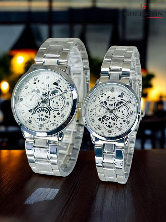 GOLDSTON Pair Set | Brass Case | Steel Chain|{SILVER STRAP}|{WHITE DIAL}