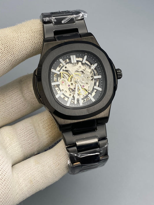 Bestwin Skeleton Automatic Watch – Premium Steel Chain{BLACK}