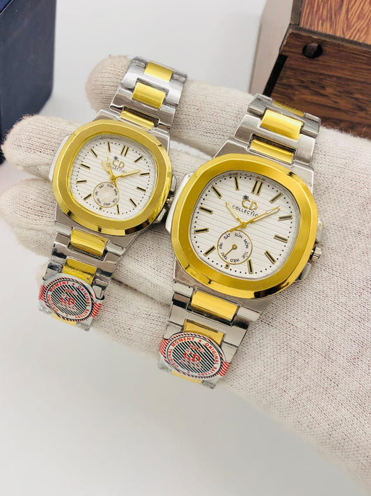 CD Couple Watch Set | Brass Strap | Push Lock| {GOLD STRAP} |{WHITE DIAL}