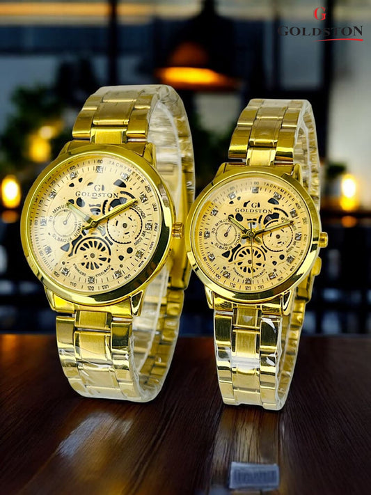 GOLDSTON Pair Set | Brass Case | Steel Chain|{GOLD STRAP}|{GOLD DIAL}