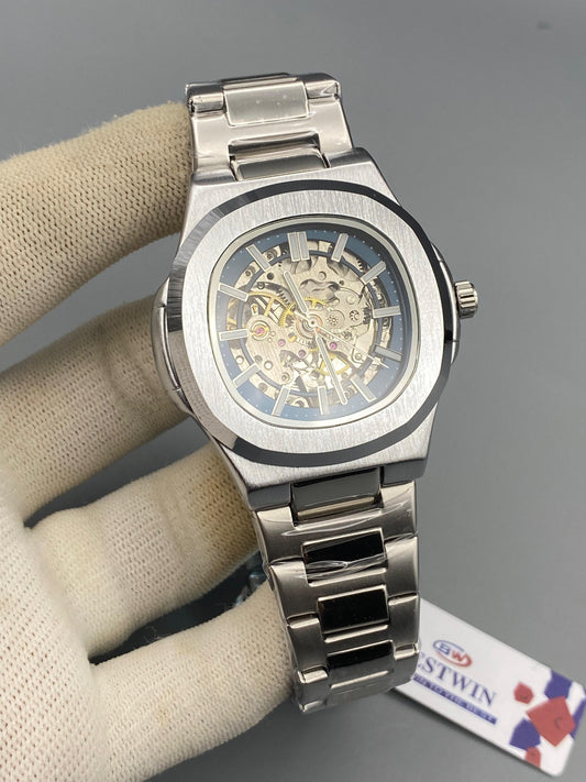 Bestwin Skeleton Automatic Watch – Premium Steel Chain{SILVER}