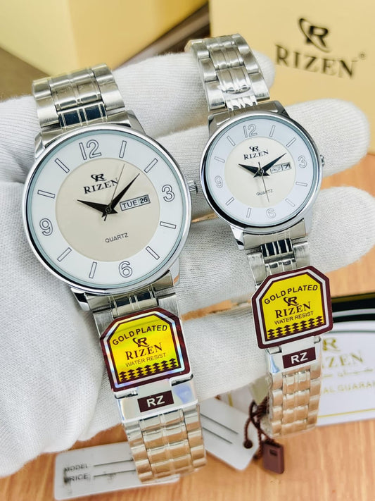 Rizen RZ-677 Couple Watch | Date/Day|{WHITE DIAL}|{SILVER STRAP}