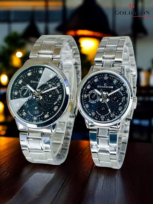 GOLDSTON Pair Set | Brass Case | Steel Chain|{SILVER STRAP}|{BLACK DIAL}