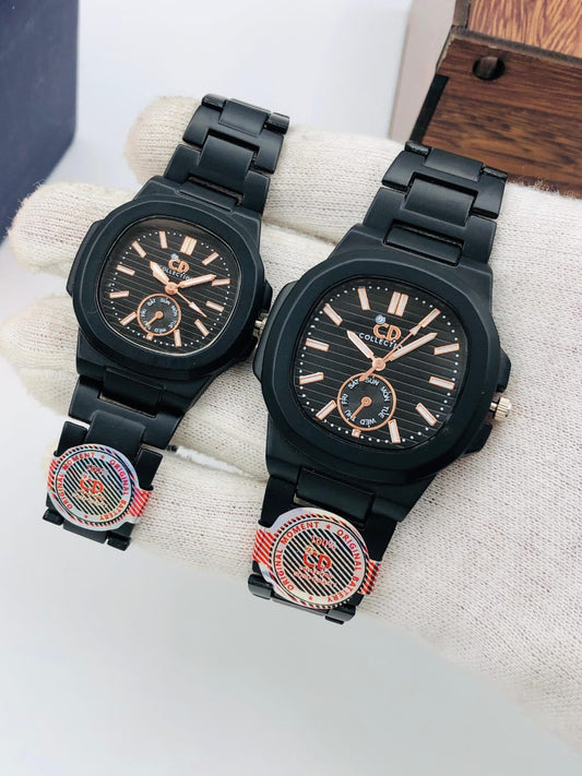 CD Couple Watch Set | Brass Strap | Push Lock| {BLACK STRAP} |{BLACK DIAL}