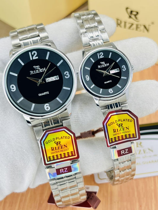 Rizen RZ-677 Couple Watch | Date/Day|{BLACK DIAL}|{SILVER STRAP}