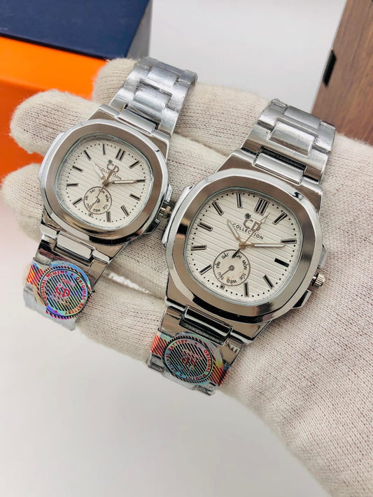 CD Couple Watch Set | Brass Strap | Push Lock| {SILVER STRAP} |{WHITE DIAL}