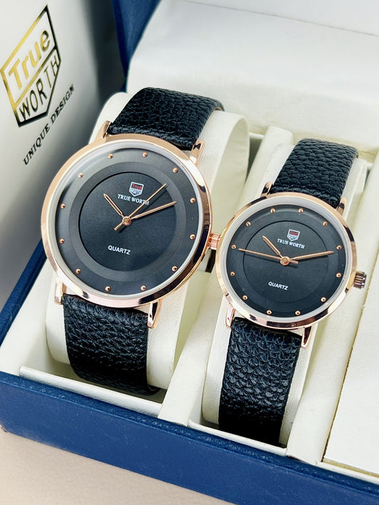 True worth Couple Watch Set | Leather Strap | Premium Finish | {BLACK}