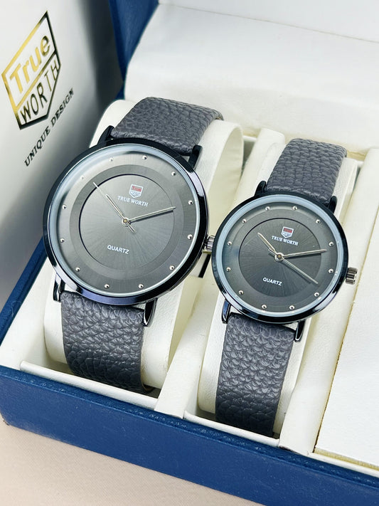 True worth Couple Watch Set | Leather Strap | Premium Finish | {GRAY}